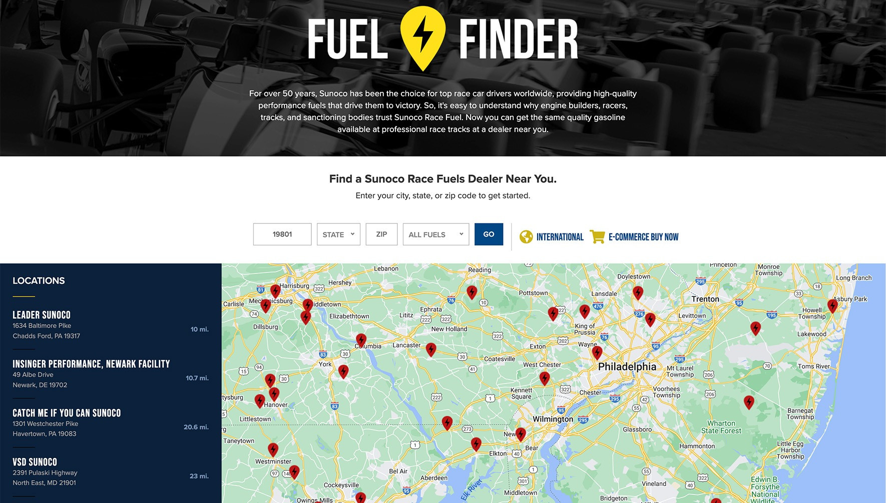 Fuel Finder page responsive experience at SunocoRaceFuels.com